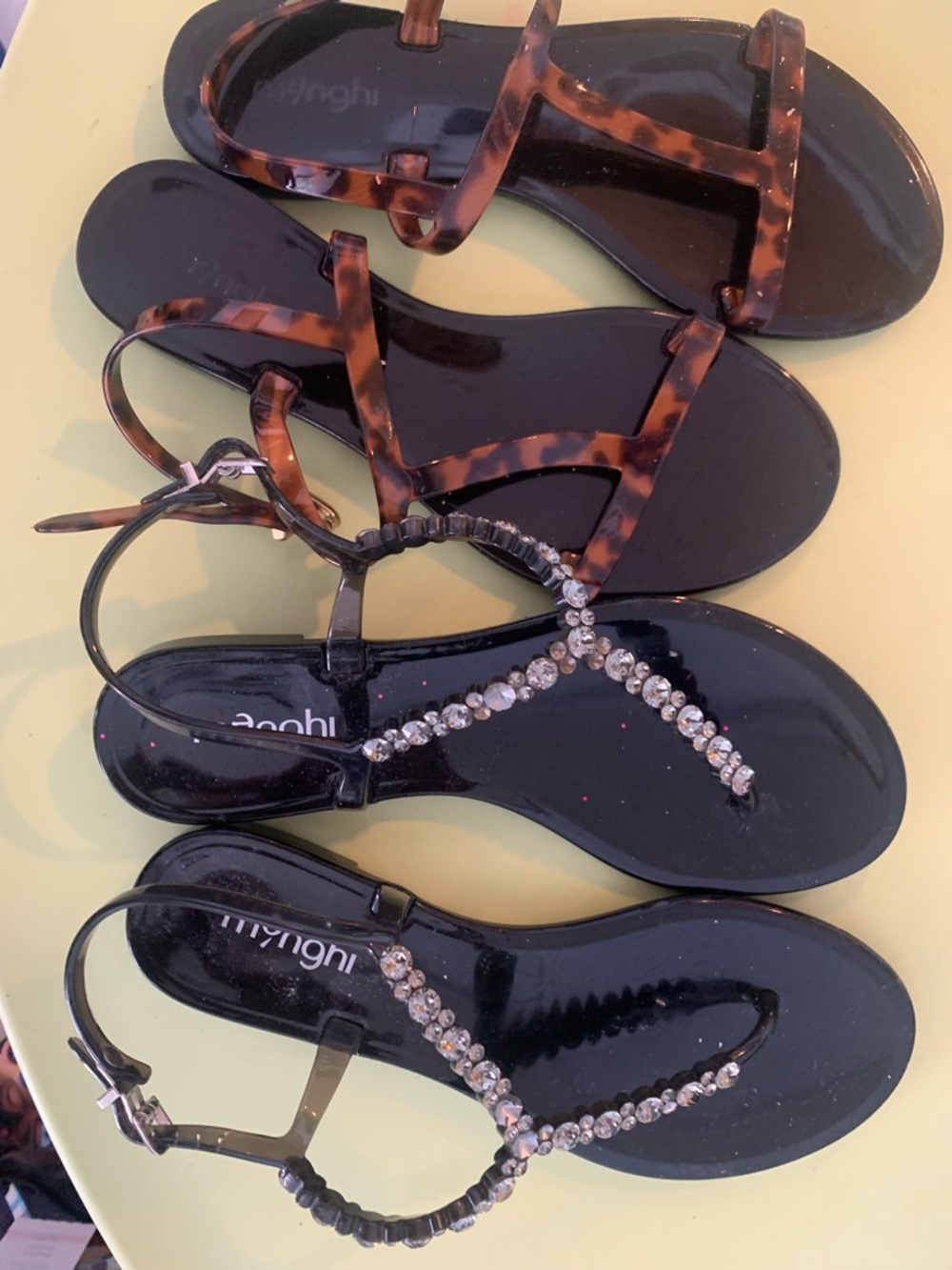 Tortoiseshell and Black Jeweled T-Strap Sandals set